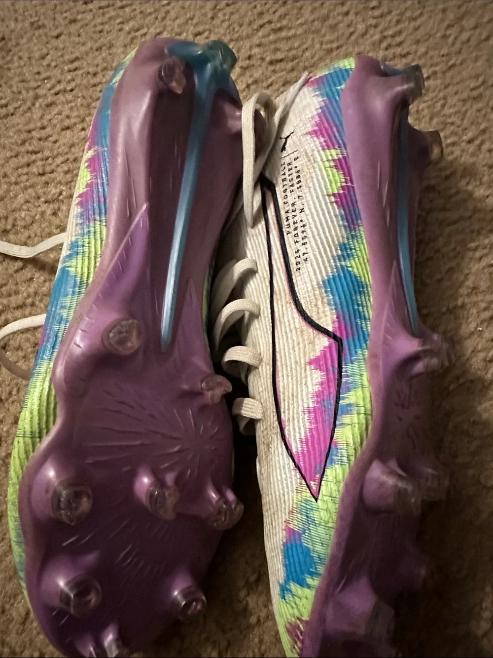 Women's White Puma Soccer Cleats with Pink & Purple Accents, 8.5